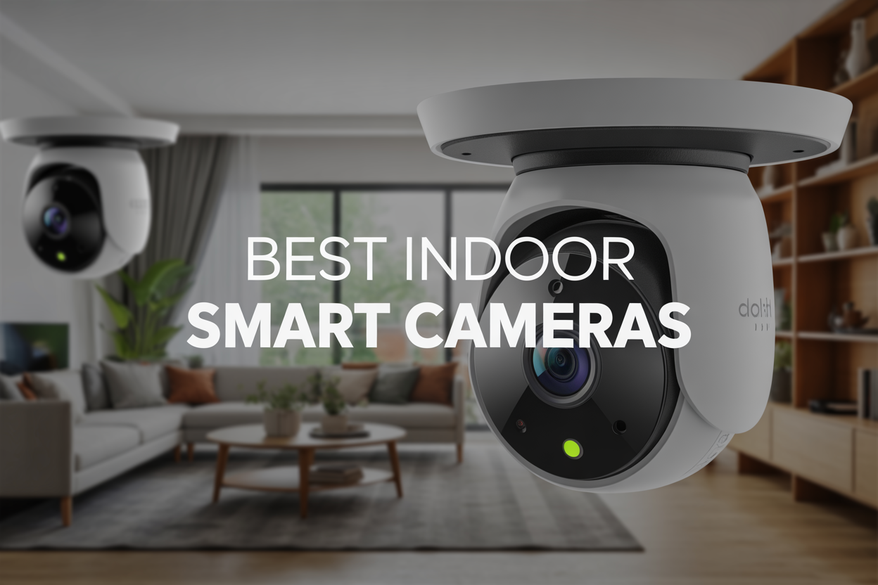 Create a realistic image of a modern living room interior featuring multiple sleek white smart security cameras strategically mounted on walls and positioned on shelves, with one camera prominently displayed in the foreground showing its lens and LED indicator light, soft natural lighting from a window illuminating the contemporary home setting with a couch and coffee table, and overlay text reading "Best Indoor Smart Cameras" in clean modern font, conveying a sense of security and advanced home technology protection.