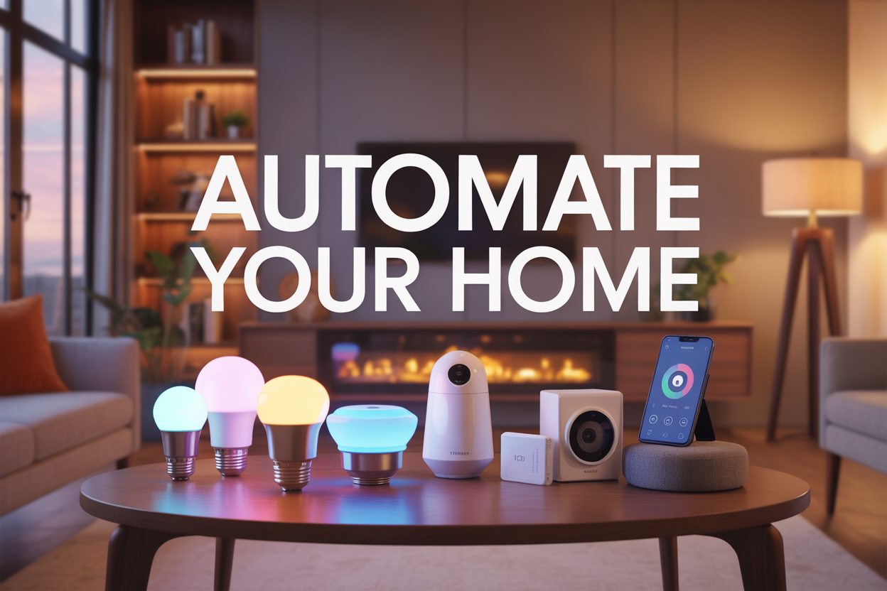 Create a realistic image of a modern living room showcasing smart home automation devices including smart light bulbs glowing in different colors, a sleek smart thermostat on the wall, a smartphone displaying a home automation app, smart security cameras, and voice assistant speakers arranged on a contemporary coffee table, with warm ambient lighting and a cozy atmosphere, featuring the text "Automate Your Home" prominently displayed in modern font overlay.