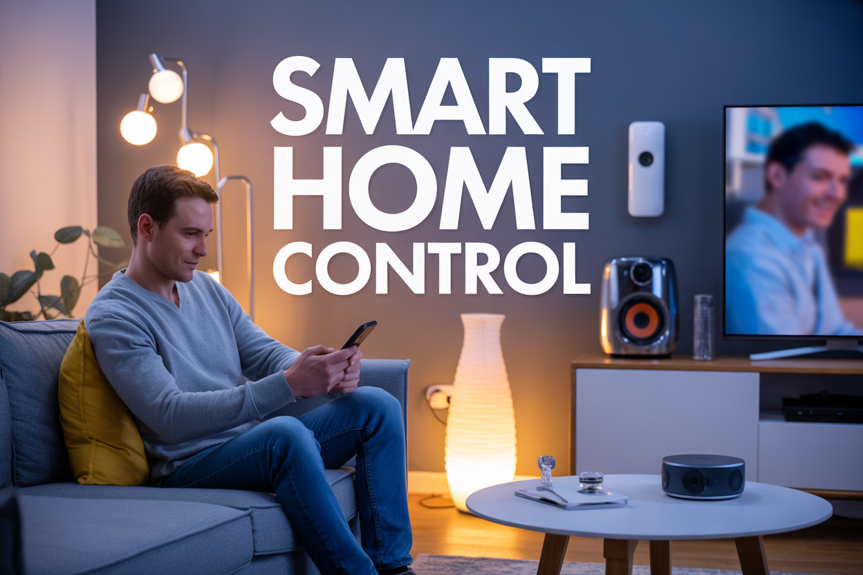 Create a realistic image of a modern living room scene with a white male in his 30s sitting on a gray couch holding a smartphone, surrounded by various smart home devices including smart lights with warm ambient lighting, a smart thermostat on the wall, a smart speaker on a side table, a large smart TV displaying a colorful interface, and visible smart security camera in the corner, with sleek modern furniture and a clean contemporary aesthetic, soft evening lighting creating a cozy atmosphere, and the text "Smart Home Control" prominently displayed in the upper portion of the image in bold, modern font.