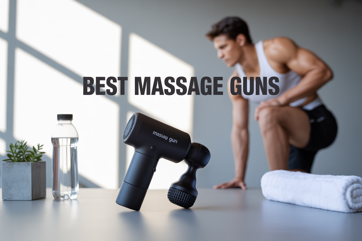 Create a realistic image of a sleek black massage gun as the central focus placed on a clean white surface, surrounded by complementary fitness elements including a water bottle, white towel, and small potted plant, with a fit white male athlete in athletic wear visible in the blurred background stretching his leg, soft natural lighting from the left creating gentle shadows, modern minimalist setting with light gray background, and overlay text reading "BEST MASSAGE GUNS" in bold sans-serif font positioned in the upper portion of the image.