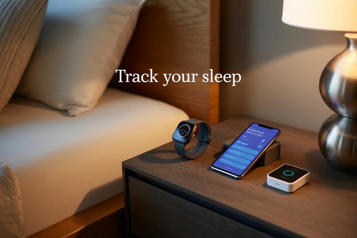 Create a realistic image of a modern bedroom nightstand scene featuring multiple sleep tracking devices including a smartwatch, smartphone displaying a sleep app interface, and a small smart home device, all positioned on a dark wood nightstand next to a comfortable bed with white linens, soft ambient lighting from a bedside lamp creating a calming evening atmosphere, with the text "Track Your Sleep" elegantly displayed in the upper portion of the image in clean, modern typography.