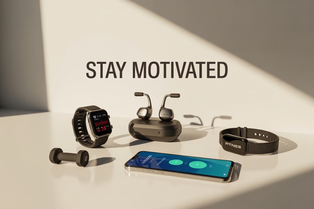 Create a realistic image of a modern fitness setup featuring multiple gadgets arranged on a clean white surface: a smartwatch displaying heart rate data, wireless earbuds in their charging case, a smartphone showing a fitness app interface, a compact smart dumbbell, and a fitness tracker band, with soft natural lighting from the side creating gentle shadows, and the text "Stay Motivated" elegantly displayed in bold sans-serif font in the upper portion of the image, maintaining a clean and inspiring technological aesthetic with a subtle gradient background from white to light gray.