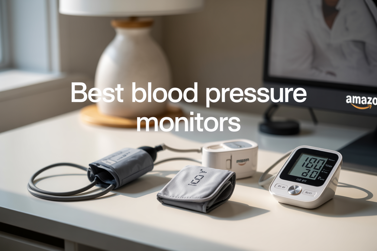Create a realistic image of a clean white desk surface displaying three different blood pressure monitors - one upper arm cuff monitor, one wrist monitor, and one digital display unit - arranged in an organized product showcase style, with soft natural lighting from the left side creating gentle shadows, a subtle Amazon logo visible in the corner, and the text "Best Blood Pressure Monitors" overlaid in modern sans-serif font in the upper portion of the image, with a minimalist medical/healthcare aesthetic and professional product photography lighting.