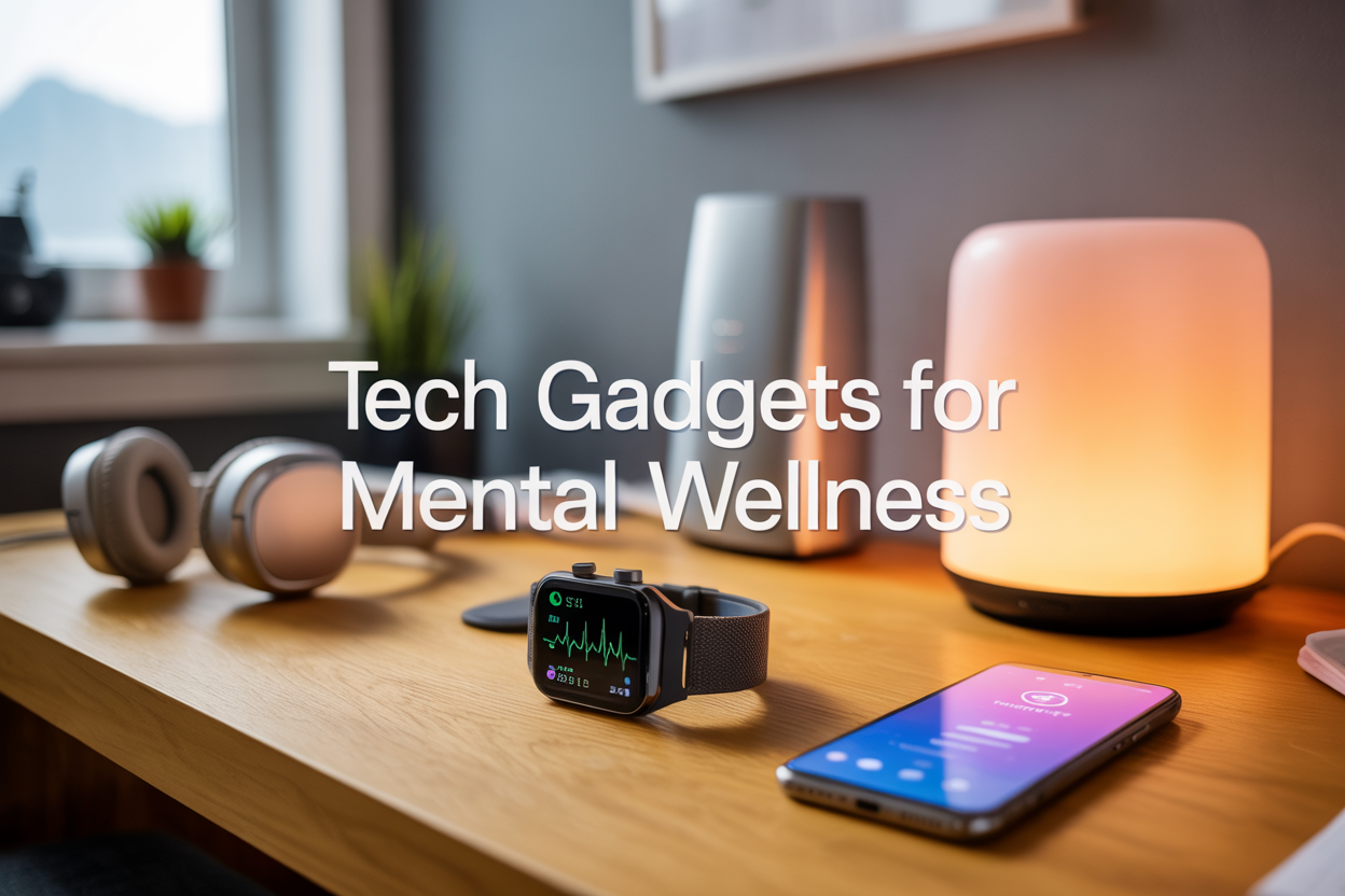 Create a realistic image of a serene modern workspace featuring various tech gadgets for mental wellness including a smartwatch displaying heart rate data on a wooden desk, wireless headphones, a smartphone showing a meditation app interface, smart LED lighting with warm ambient glow, and a small air purifier in the background, with soft natural lighting from a window, peaceful and calming atmosphere, and the text "Tech Gadgets for Mental Wellness" elegantly overlaid in clean modern font.