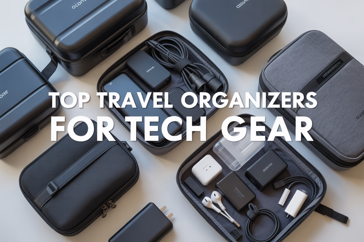 Create a realistic image of various travel organizers for tech gear arranged on a clean white surface, including hard protective cases, soft zippered pouches, and cable organizers in black and gray colors, with visible tech items like charging cables, power banks, earbuds, and adapters partially organized inside them, shot from a top-down angle with bright, even lighting, and overlay text reading "Top Travel Organizers for Tech Gear" in modern sans-serif font.