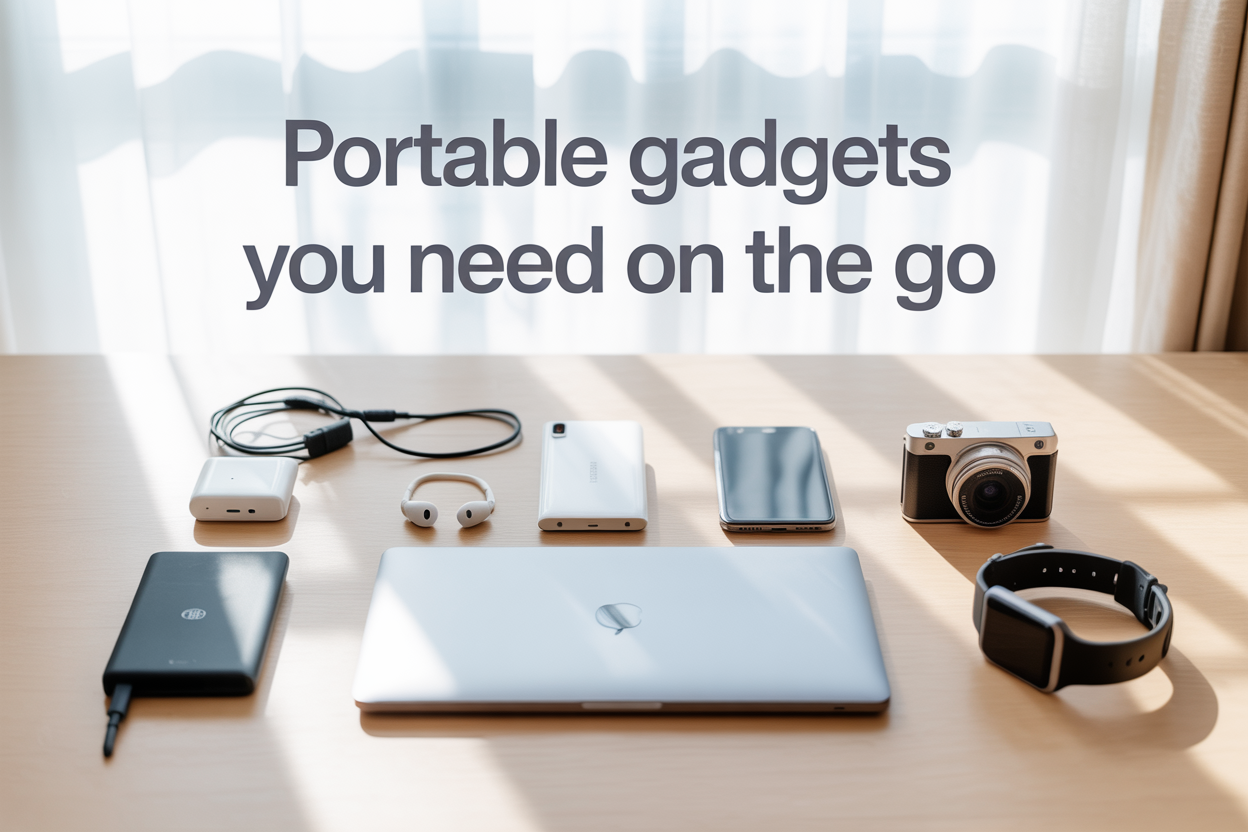 Create a realistic image of a flat lay arrangement of essential portable gadgets on a clean white wooden desk surface, including a power bank, wireless earbuds, smartphone, laptop, portable charger cables, a compact camera, and a smartwatch, with soft natural lighting from above casting gentle shadows, and the text "Portable Gadgets You Need on the Go" displayed in modern sans-serif font at the top of the composition in dark gray color.