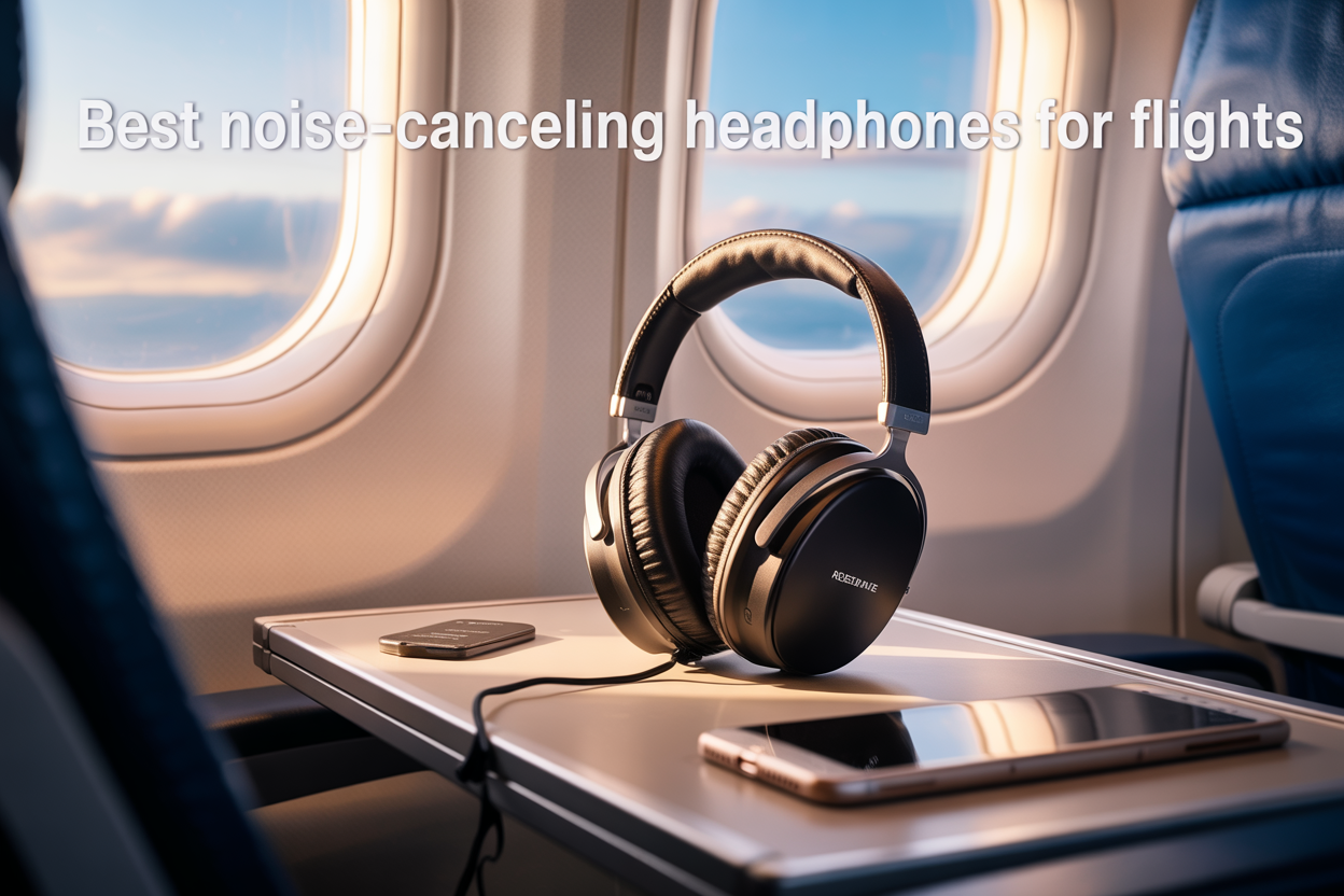 Create a realistic image of premium noise-canceling headphones placed on an airplane tray table with an airplane window showing clouds in the background, soft natural lighting from the window, a smartphone and travel essentials nearby, peaceful and comfortable travel atmosphere, with the text "Best Noise-Canceling Headphones for Flights" elegantly displayed in the upper portion of the image.