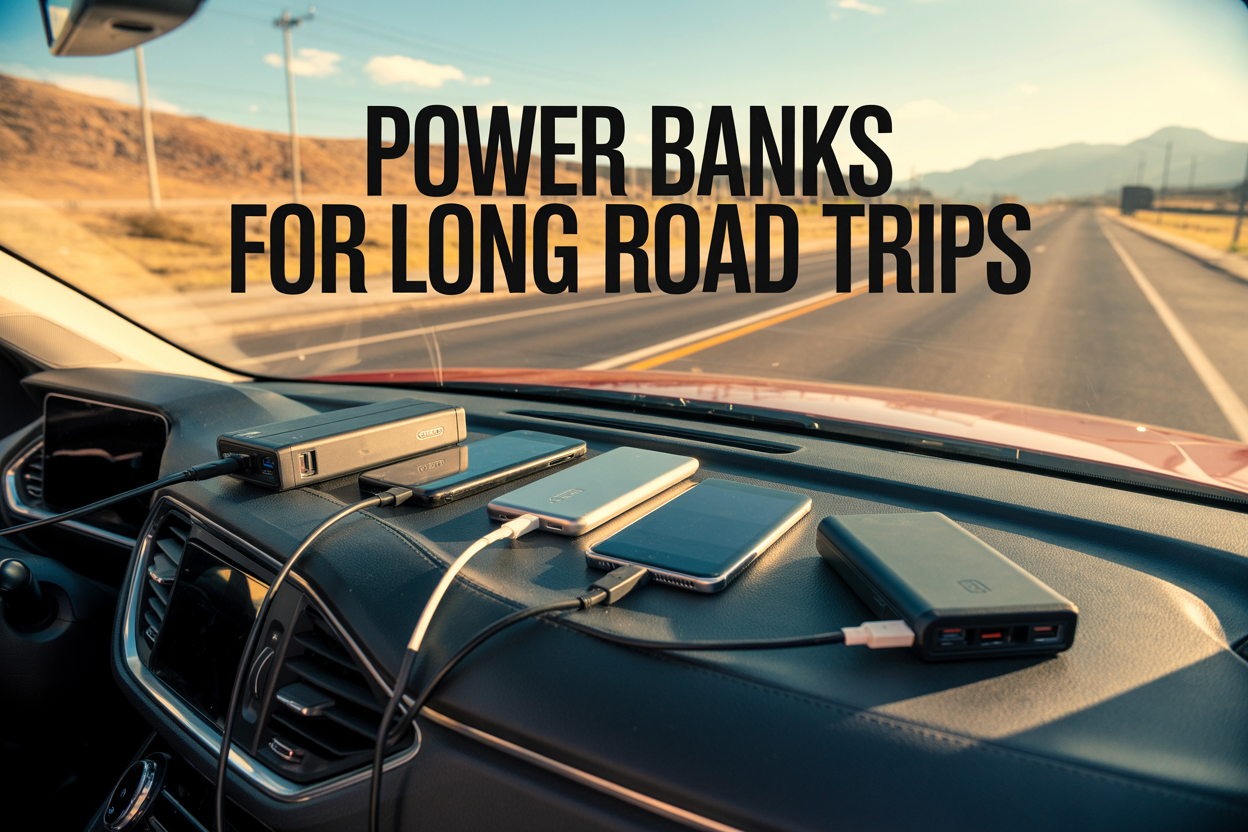 Create a realistic image of a modern car dashboard during daytime with multiple power banks of different sizes and types arranged on the passenger seat and center console, USB cables connecting to various devices like smartphones and tablets, a scenic highway visible through the windshield with mountains in the distance, warm natural lighting streaming through the windows, and bold text overlay reading "Power Banks for Long Road Trips" in a clean sans-serif font positioned in the upper portion of the image.