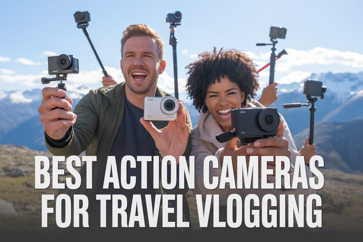 Create a realistic image of a diverse group of travel vloggers using action cameras in a scenic mountain landscape, featuring a white male and black female blogger holding compact action cameras while filming, with multiple small action cameras mounted on tripods and selfie sticks scattered around them, snow-capped mountains and blue sky in the background, bright natural daylight, adventurous and energetic mood, with bold text overlay reading "BEST ACTION CAMERAS FOR TRAVEL VLOGGING" in modern sans-serif font.