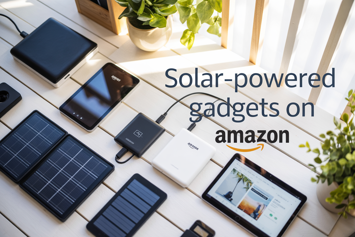 Create a realistic image of a clean, modern flat lay arrangement featuring diverse solar-powered gadgets including solar panels, portable solar chargers, solar lights, and solar power banks spread across a white wooden surface, with warm natural sunlight streaming from the top right corner creating soft shadows, accompanied by green plants and a tablet displaying the Amazon website, with the text "Solar-Powered Gadgets on Amazon" elegantly overlaid in modern sans-serif font in dark blue color positioned in the upper portion of the image.