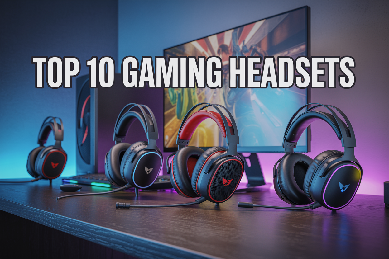 Create a realistic image of a modern gaming setup on a dark wooden desk featuring multiple gaming headsets of different styles and colors arranged prominently in the foreground, including over-ear and on-ear models in black, red, and RGB lighting, with a sleek gaming monitor displaying colorful game graphics in the background, subtle blue and purple LED ambient lighting, and bold white text overlay reading "TOP 10 GAMING HEADSETS" positioned in the upper portion of the image, creating a professional product showcase atmosphere with sharp focus on the headsets and slightly blurred background elements.