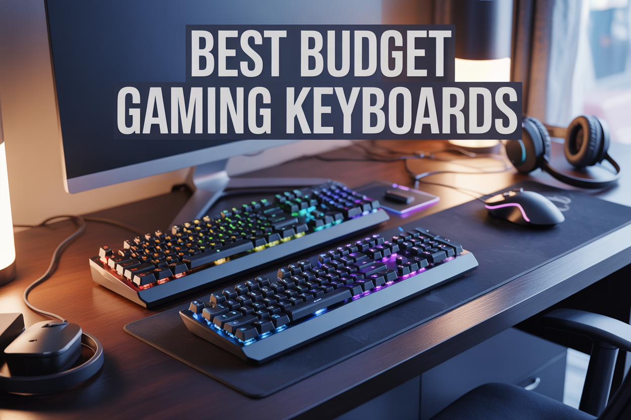 Create a realistic image of a modern desk setup featuring 3-4 budget gaming keyboards arranged in a display formation, including both RGB backlit and non-backlit models with visible key switches, surrounded by gaming accessories like a mouse and headset, set against a clean dark wooden desk surface with soft ambient lighting from the side, and overlay text reading "Best Budget Gaming Keyboards" in bold modern font at the top of the image.