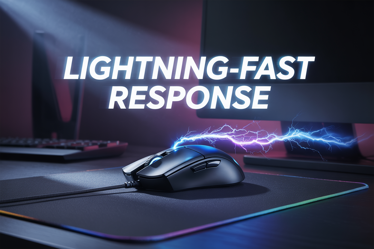 Create a realistic image of a sleek black gaming mouse with RGB lighting accents positioned on a dark gaming desk surface, with dynamic blue and purple lightning bolt effects emanating from the mouse to visualize speed and responsiveness, a subtle motion blur effect around the mouse cord, dramatic lighting with focused spotlights creating strong shadows, and the text "LIGHTNING-FAST RESPONSE" displayed in bold white letters with electric blue glow effects in the upper portion of the image, all set against a dark tech-themed background.