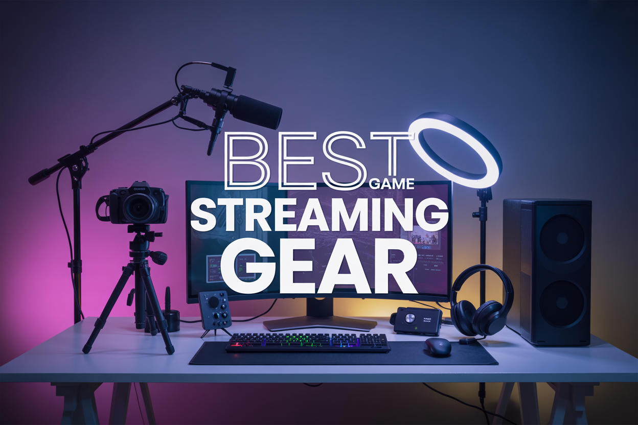 Create a realistic image of a modern gaming setup desk featuring essential streaming equipment including a DSLR camera on a tripod, professional microphone with boom arm, LED ring light, capture card device, gaming headset, and multiple monitors displaying streaming software interface, all arranged on a clean black desk against a dark background with subtle purple and blue accent lighting, with the text "Best Game Streaming Gear" prominently displayed in modern white font overlay.