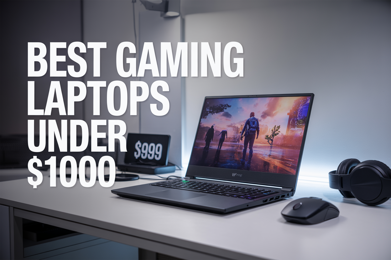 Create a realistic image of a modern gaming laptop with an open screen displaying a vibrant game scene, positioned on a clean white desk surface with a price tag showing "$999" nearby, surrounded by gaming accessories like a wireless mouse and headphones, with soft natural lighting from the side creating subtle shadows, and bold text overlay reading "BEST GAMING LAPTOPS UNDER $1000" in modern sans-serif font across the top portion of the image, maintaining a professional product photography style with a clean, minimalist background.