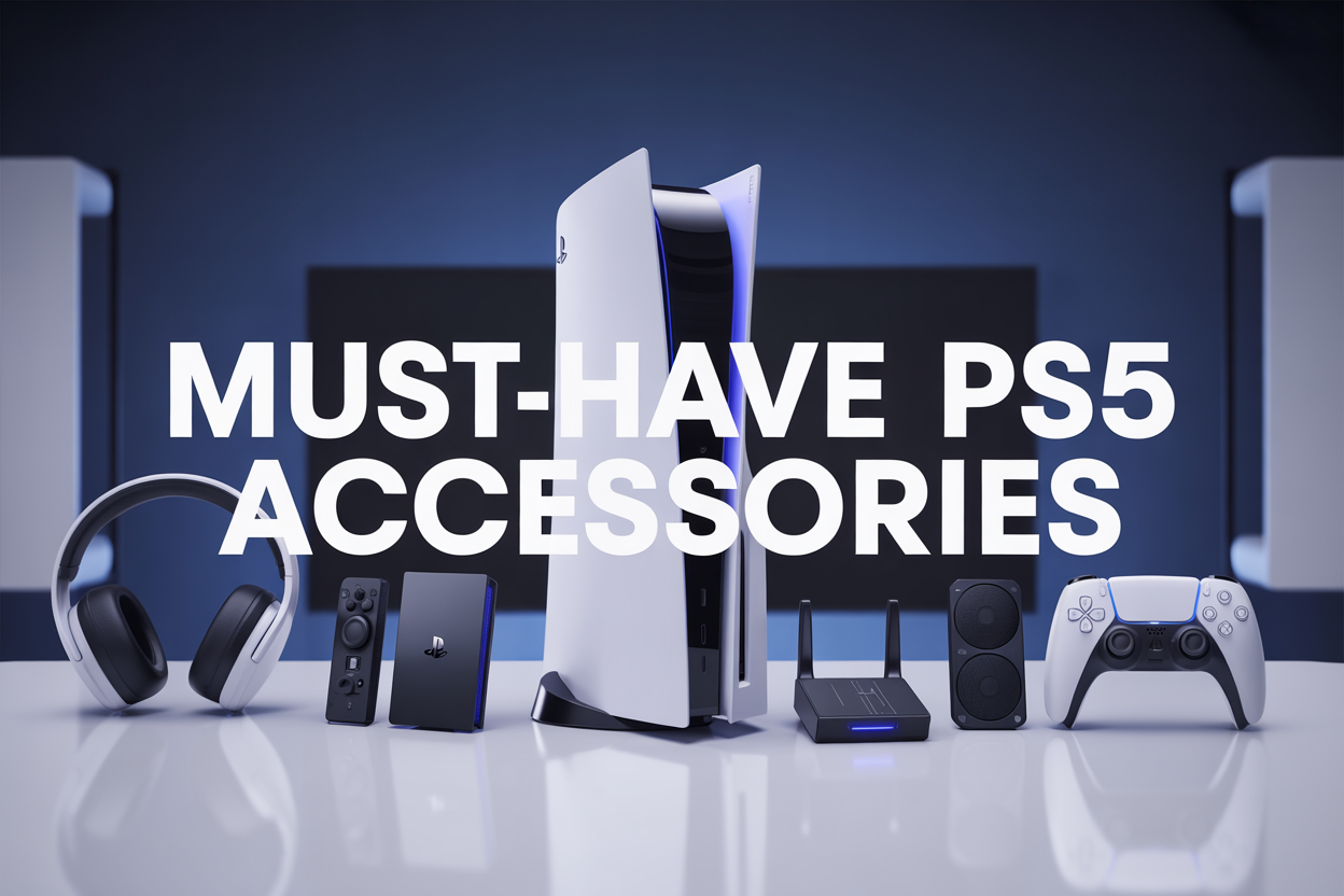 Create a realistic image of a sleek modern gaming setup featuring a white PS5 console as the centerpiece surrounded by various accessories including wireless controllers, gaming headset, external SSD storage drive, charging dock, console stand, and protective case, all arranged on a clean white desk against a dark blue gradient background with soft ambient lighting, and overlay text reading "Must-Have PS5 Accessories" in bold white modern font.