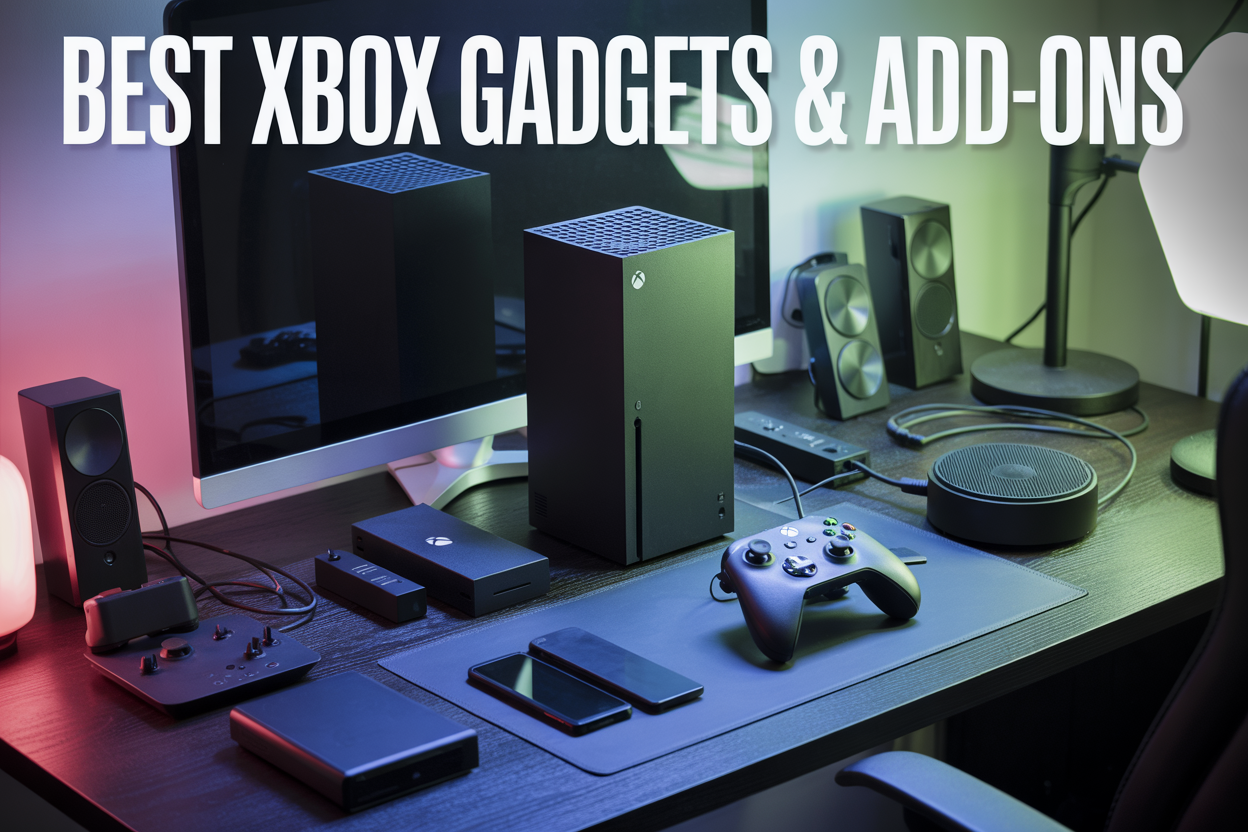 Create a realistic image of a modern gaming setup featuring various Xbox accessories arranged on a sleek black desk, including wireless controllers, gaming headsets, external storage drives, charging stations, and streaming equipment, with an Xbox console prominently displayed in the center, soft LED lighting creating a cool blue and green ambiance, and the text "BEST XBOX GADGETS & ADD-ONS" overlaid in bold modern font at the top of the image.