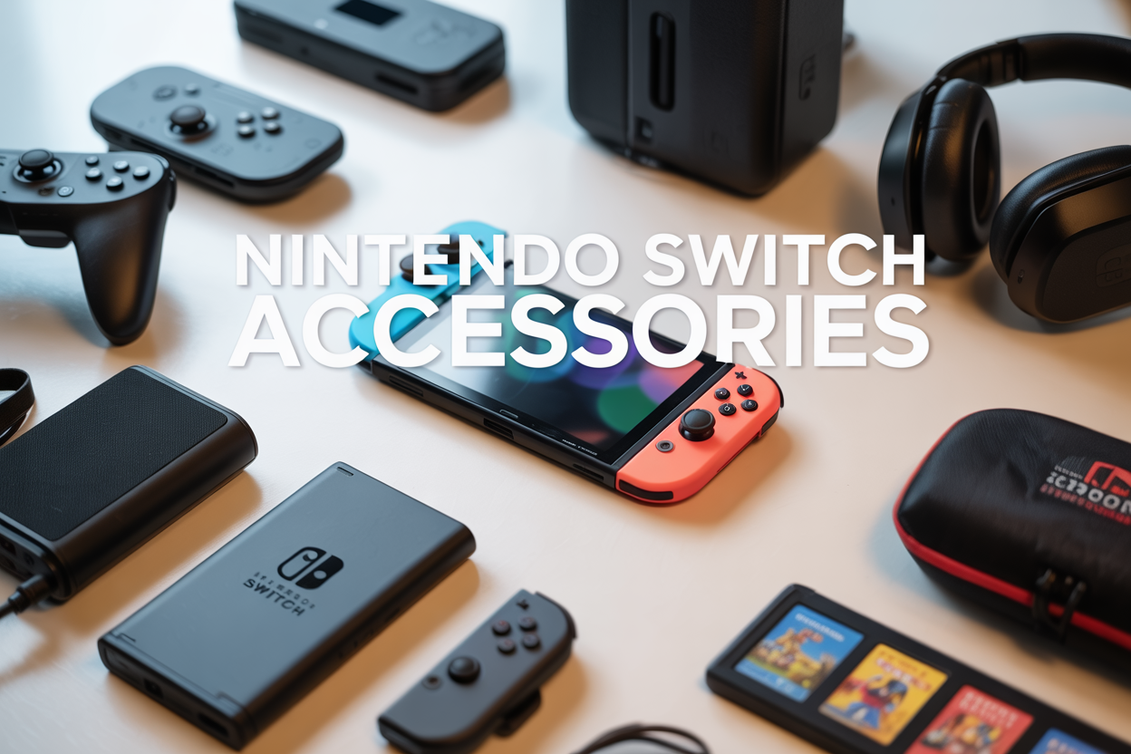 Create a realistic image of a Nintendo Switch console placed centrally on a clean white surface, surrounded by various gaming accessories including a pro controller, portable power bank, ergonomic grip case, wireless headphones, carrying case, and game card storage holder, all arranged in an organized and visually appealing layout with soft, even lighting from above, featuring the text "Nintendo Switch Accessories" in modern, bold typography overlaid on the upper portion of the image.