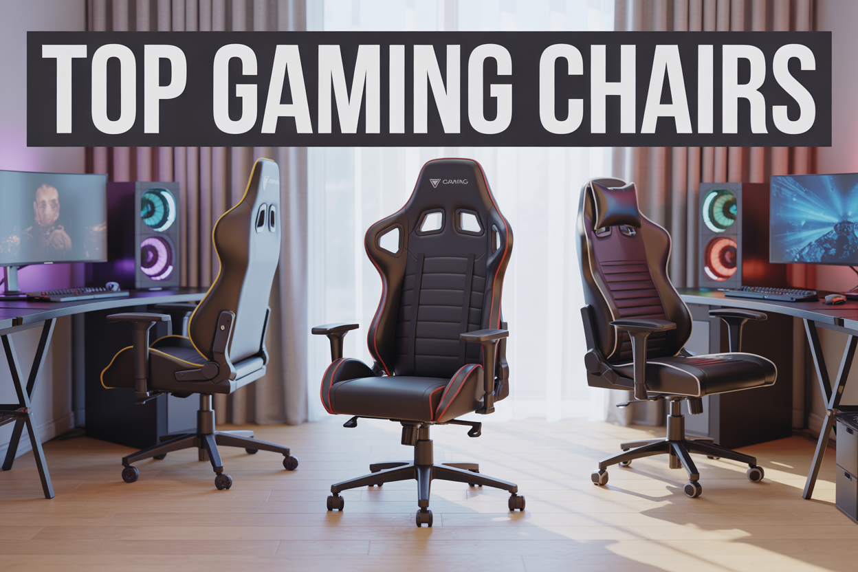 Create a realistic image of a modern gaming setup featuring three different gaming chairs arranged in a well-lit room - a sleek black ergonomic gaming chair in the center, a colorful racing-style gaming chair on the left, and a premium leather executive gaming chair on the right, each positioned at gaming desks with RGB lighting, multiple monitors, and gaming accessories, with soft natural lighting from a window creating a professional showroom atmosphere, and bold white text overlay reading "TOP GAMING CHAIRS" prominently displayed across the top of the image.