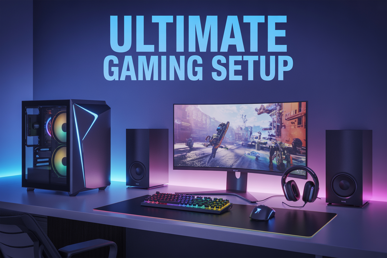 Create a realistic image of a modern gaming setup on a sleek desk featuring a high-end gaming PC with RGB lighting and visible components through a tempered glass side panel, dual curved monitors displaying vibrant game scenes, a mechanical gaming keyboard with colorful backlighting, a precision gaming mouse, premium gaming headphones, and professional speakers, all arranged in a dark room with ambient LED strip lighting casting a blue and purple glow on the walls, with the text "Ultimate Gaming Setup" prominently displayed in modern gaming-style font overlaying the scene.