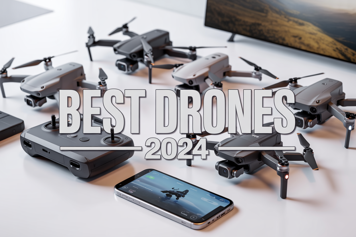 Create a realistic image of a diverse collection of modern drones arranged on a clean white surface, featuring 3-4 different drone models ranging from compact beginner drones to larger professional quadcopters with visible cameras and gimbals, shot from a slightly elevated angle with soft studio lighting, including a sleek black drone controller and smartphone displaying a drone app interface, with clean sans-serif text overlay reading "Best Drones 2024" in bold white letters with subtle drop shadow, background featuring a blurred aerial landscape photograph suggesting the creative potential of drone photography, overall composition conveying professionalism and cutting-edge technology with bright, crisp lighting that highlights the metallic and carbon fiber textures of the equipment.