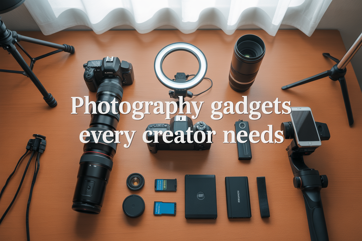 Create a realistic image of a flat lay arrangement of essential photography gadgets on a clean wooden desk surface, featuring a professional DSLR camera with lens, LED ring light, tripod legs visible at edges, wireless remote, lens filters, memory cards, portable battery pack, and smartphone gimbal, all neatly organized with soft natural lighting from above creating gentle shadows, with the text "Photography Gadgets Every Creator Needs" elegantly overlaid in modern white typography.