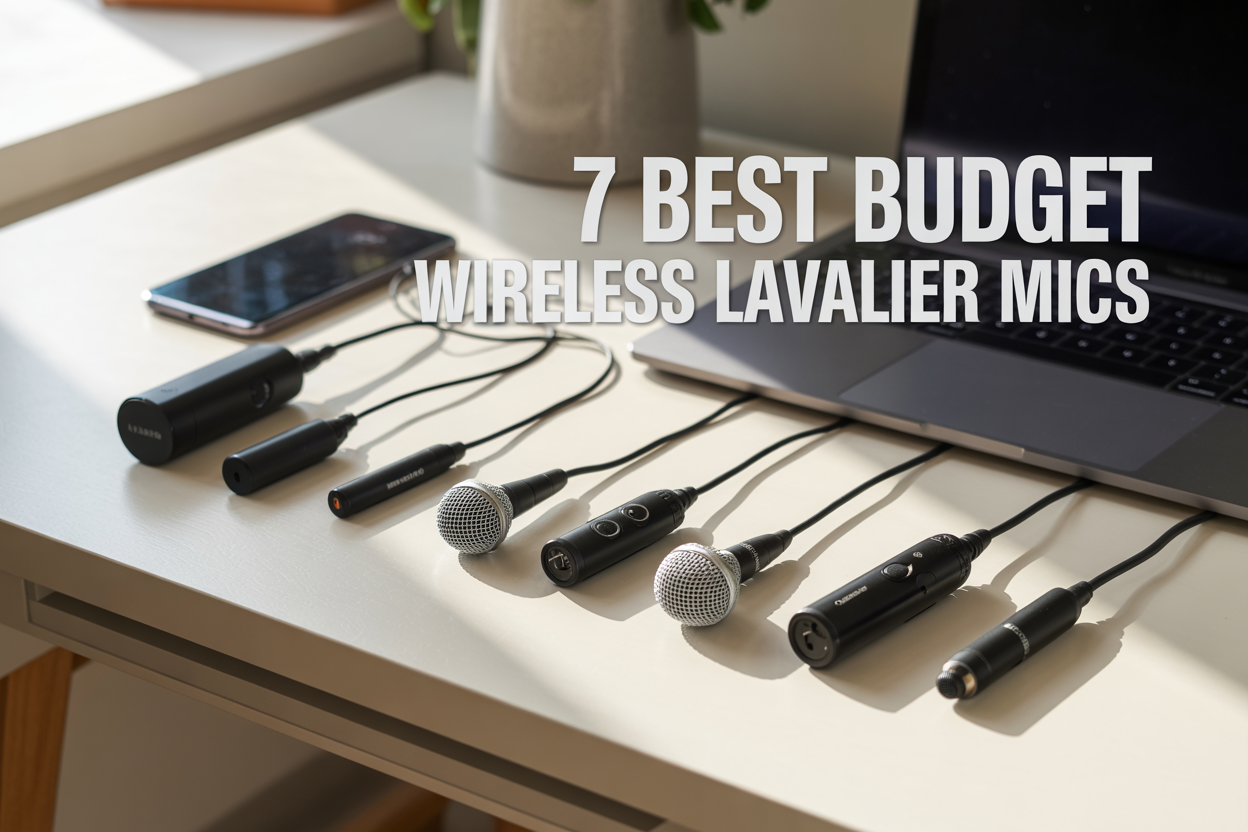 Create a realistic image of seven different wireless lavalier microphones arranged in a neat row on a clean white wooden desk surface, with each mic showing distinct designs and brands, some with their wireless transmitters and receivers visible, soft natural lighting from the left side creating gentle shadows, a smartphone and laptop partially visible in the background to suggest compatibility, and bold text overlay reading "7 Best Budget Wireless Lavalier Mics" in modern sans-serif font positioned in the upper portion of the image.