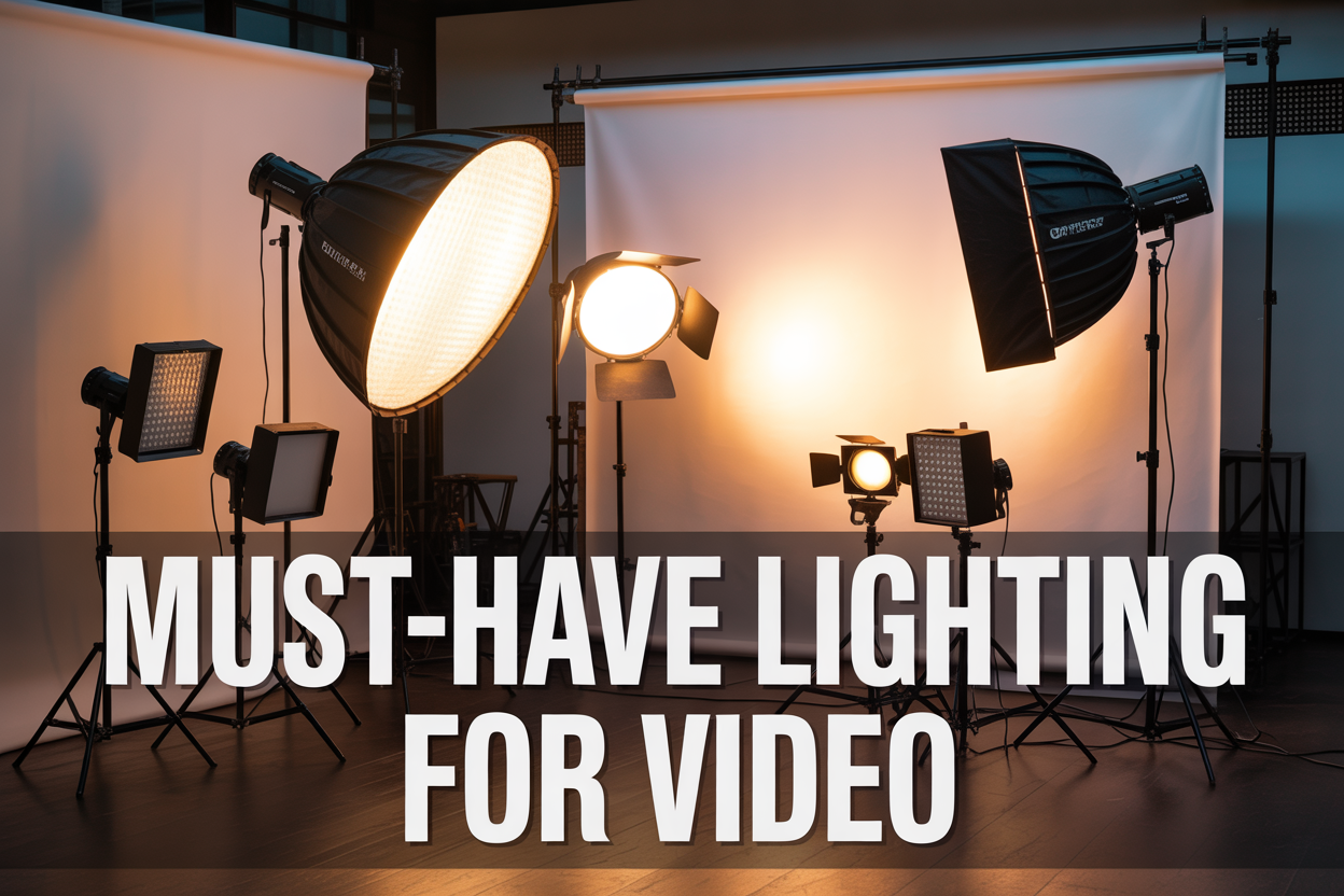 Create a realistic image of a professional video lighting setup featuring three key lighting fixtures including a large softbox key light on the left, a smaller fill light on the right, and a background light illuminating a seamless backdrop, with various portable LED panels and reflectors arranged on light stands in the foreground, shot in a modern studio environment with warm professional lighting, including the text "MUST-HAVE LIGHTING FOR VIDEO" overlaid in bold white sans-serif font across the bottom portion of the image.