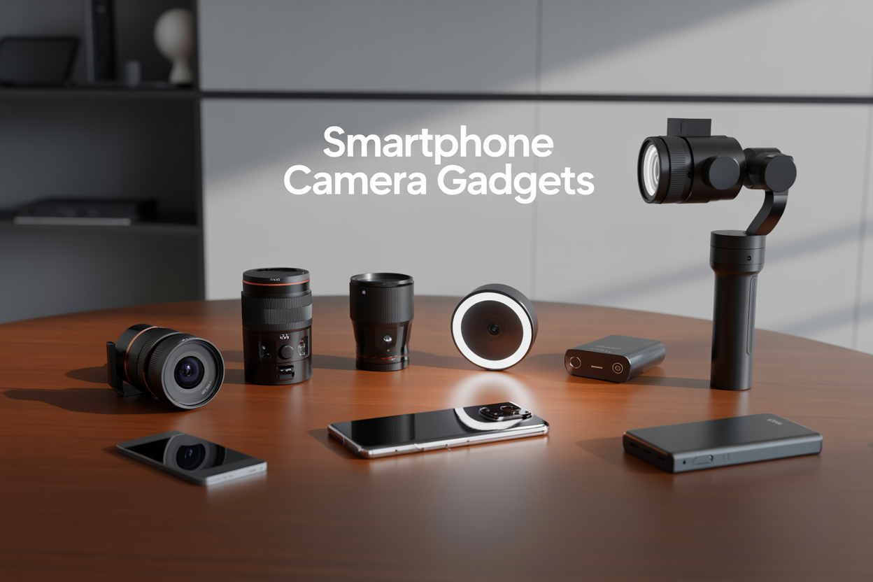 Create a realistic image of a smartphone lying flat on a sleek wooden desk surrounded by various camera accessories including macro and wide-angle lens attachments, a compact gimbal stabilizer, LED ring light, wireless remote control, and portable power bank, with each gadget positioned strategically around the phone to showcase smartphone photography enhancement tools, soft professional lighting illuminating the setup against a clean modern background, with the text "Smartphone Camera Gadgets" elegantly displayed in the upper portion of the image.