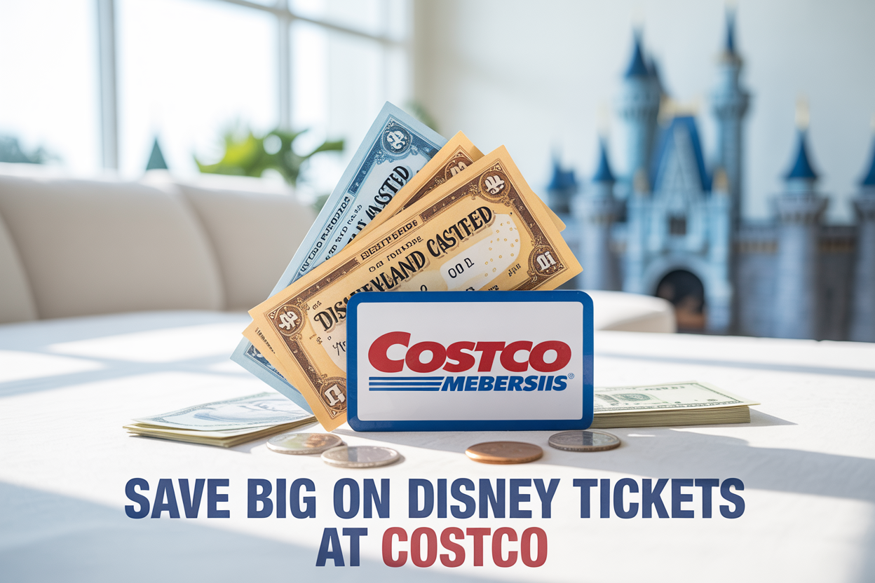 Create a realistic image of a bright, modern scene featuring Disneyland castle tickets and a Costco membership card arranged on a clean white surface, with scattered dollar bills and coins around them, soft natural lighting from above, a subtle Disney-themed background with faded castle silhouettes, and bold text overlay reading "Save Big on Disney Tickets at Costco" in blue and red colors matching both brands' aesthetics.