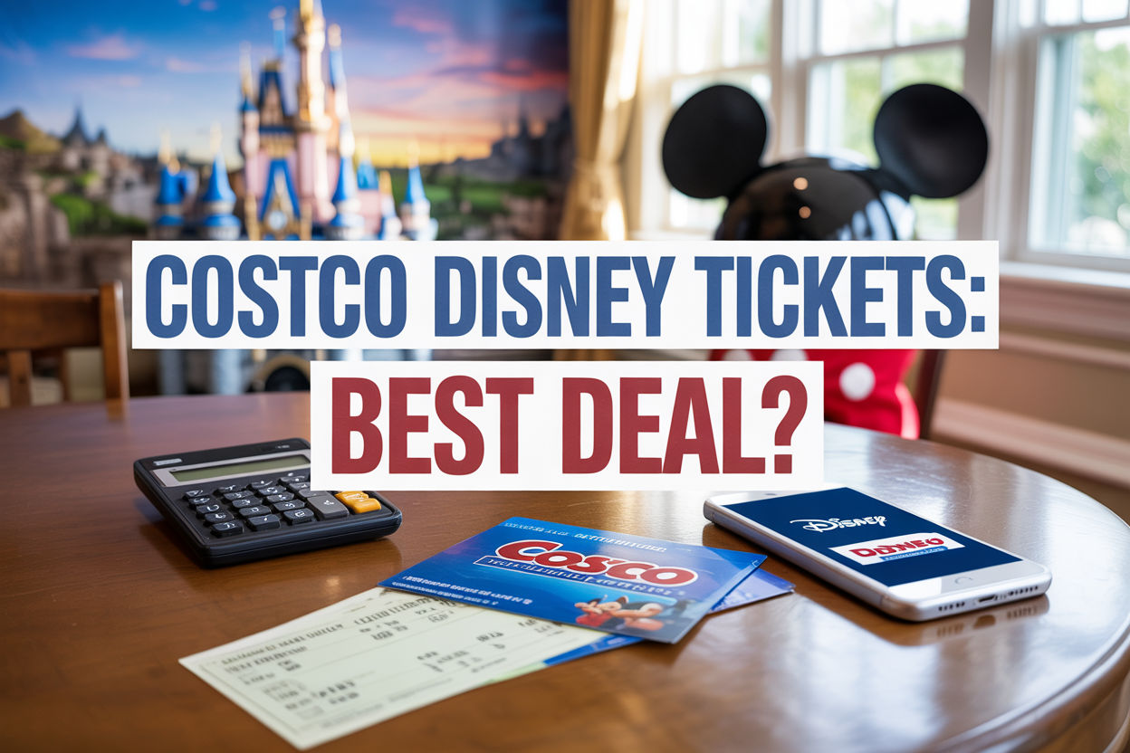Create a realistic image of a Costco membership card and Disneyland tickets spread out on a wooden table next to a calculator and smartphone displaying the Disney app, with colorful Disney castle and Mickey Mouse ears visible in the blurred background, bright natural lighting from a window, and overlay text reading "Costco Disney Tickets: Best Deal?" in bold blue and red letters.