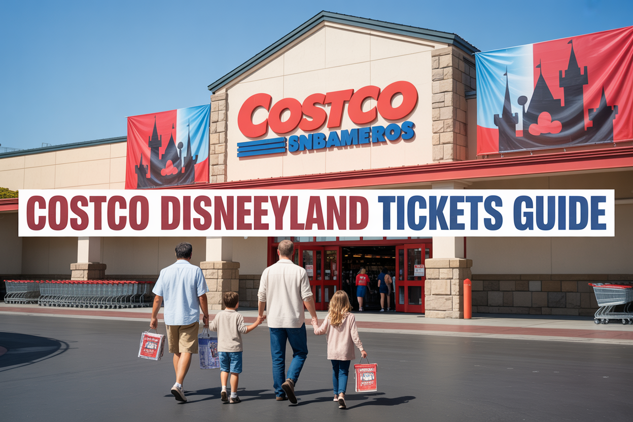 Create a realistic image of a Costco warehouse storefront with the iconic red and white Costco signage prominently displayed, featuring Disneyland castle silhouettes and Mickey Mouse ears incorporated into promotional banners hanging on the building, with a diverse family of four (two white adults and two children of mixed race) walking toward the entrance carrying Costco membership cards, bright sunny California lighting with clear blue skies, shopping carts visible near the entrance, and bold text overlay reading "COSTCO DISNEYLAND TICKETS GUIDE" in red and blue letters across the top portion of the image.