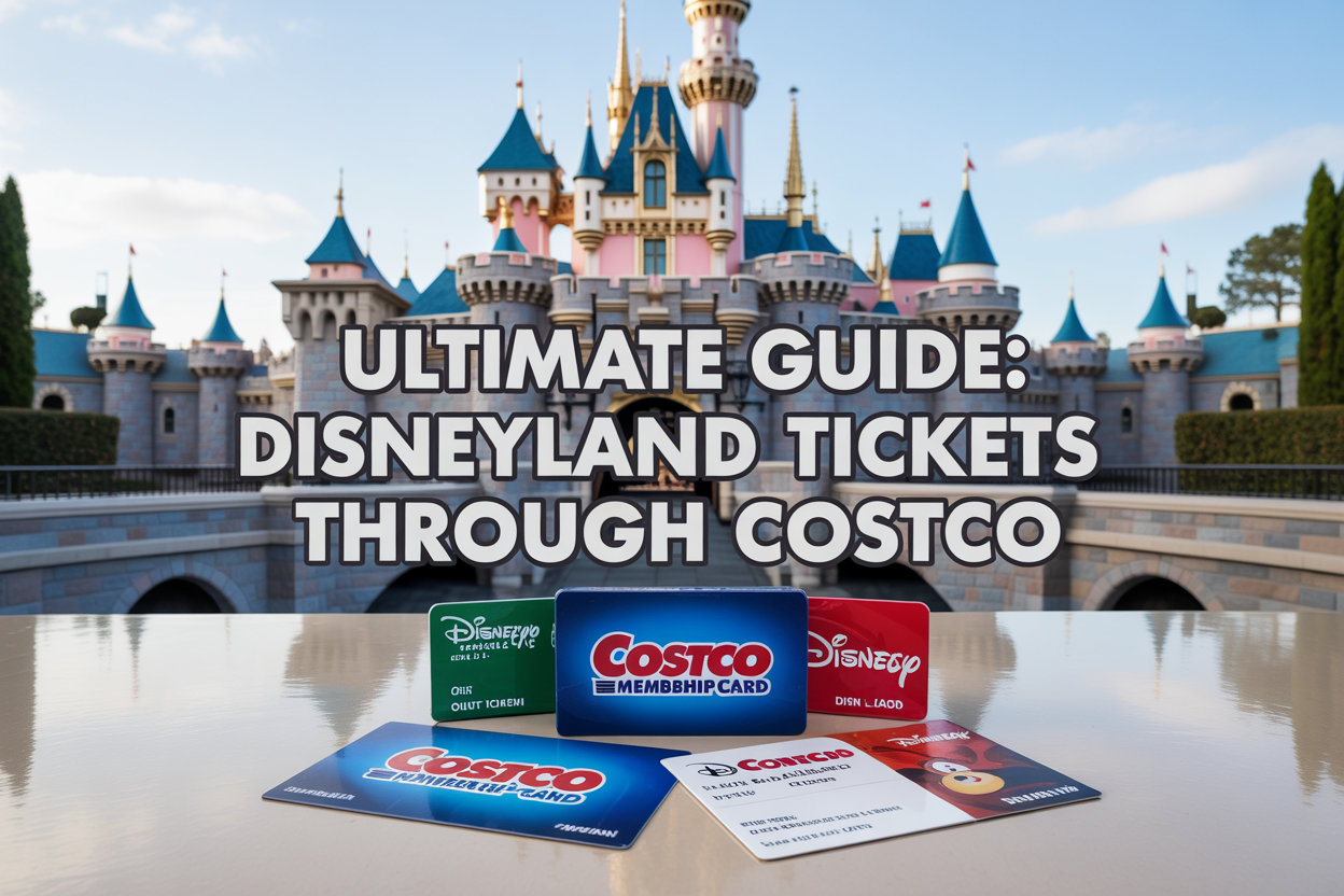Create a realistic image of a Disneyland castle in the background with Costco membership cards and Disneyland tickets arranged in the foreground on a clean white surface, featuring the Costco logo prominently displayed alongside Disney branding, with soft natural lighting creating a professional and inviting atmosphere, and include the text "Ultimate Guide: Disneyland Tickets Through Costco" overlaid on the image in bold, readable font.
