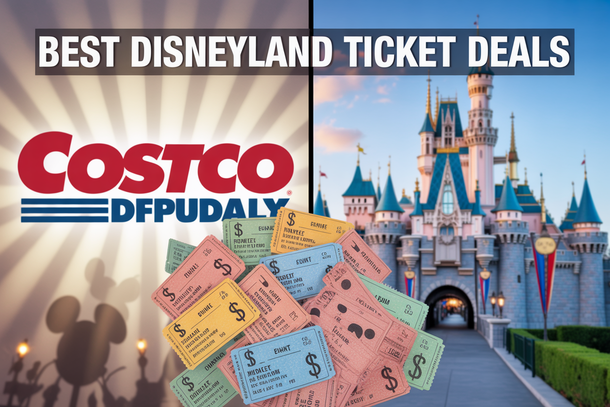 Create a realistic image of a split-screen comparison showing the Costco logo on the left side and the Disney castle logo on the right side, with colorful Disneyland admission tickets scattered in the center foreground, dollar signs and price tags floating around the tickets, a bright and cheerful background with subtle Mickey Mouse silhouettes, warm lighting that emphasizes savings and value, and bold text overlay reading "Best Disneyland Ticket Deals" across the top of the image.