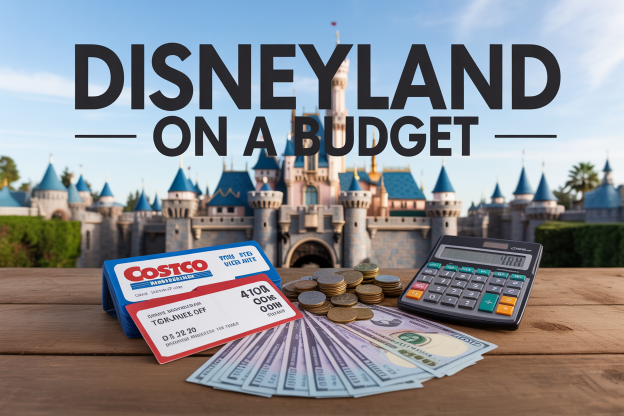 Create a realistic image of a family-friendly scene showing Disneyland castle in the background with Costco membership cards and Disney tickets arranged in the foreground on a wooden table, alongside a calculator displaying savings amounts, scattered coins and dollar bills, with soft natural lighting and the text "Disneyland on a Budget" prominently displayed across the top of the image in bold, friendly font.