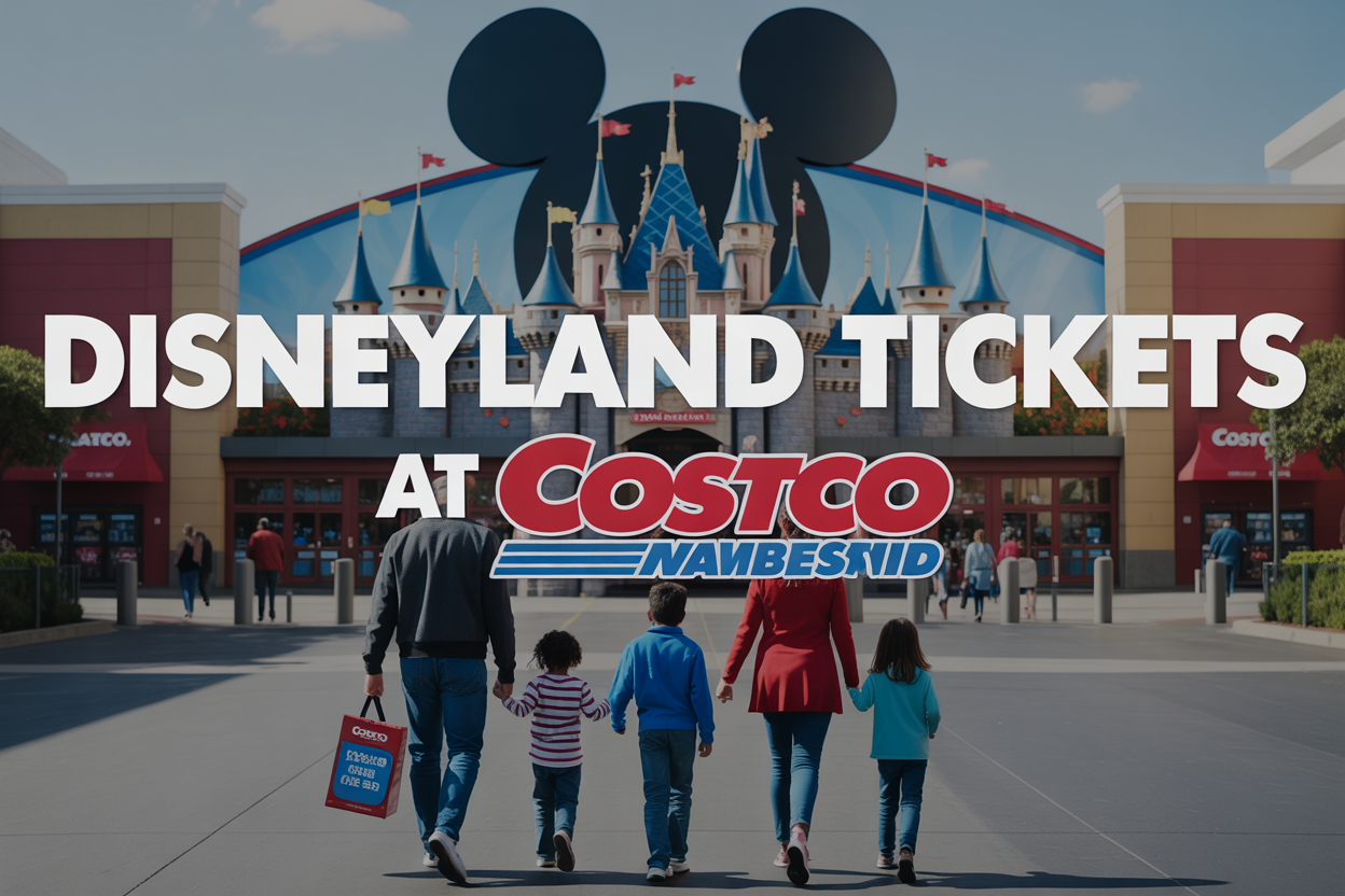 Create a realistic image of a Costco warehouse store entrance with large Disneyland castle logo and Mickey Mouse ears prominently displayed on a promotional banner, featuring a diverse family of four (white male father, black female mother, and two children) walking toward the entrance carrying a Costco membership card, with bright daylight lighting and a clean modern retail environment, including the text "Disneyland Tickets at Costco" overlaid in bold, family-friendly font across the top of the image.