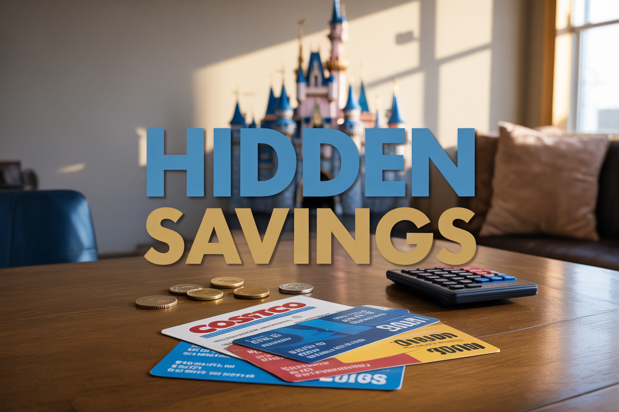 Create a realistic image of a Costco membership card and colorful Disneyland admission tickets arranged on a wooden table surface, with a subtle Disney castle silhouette blurred in the background, warm natural lighting from the side creating soft shadows, and bold text overlay reading "HIDDEN SAVINGS" in blue and gold colors, conveying a money-saving discovery mood with a calculator and some scattered coins as complementary elements.