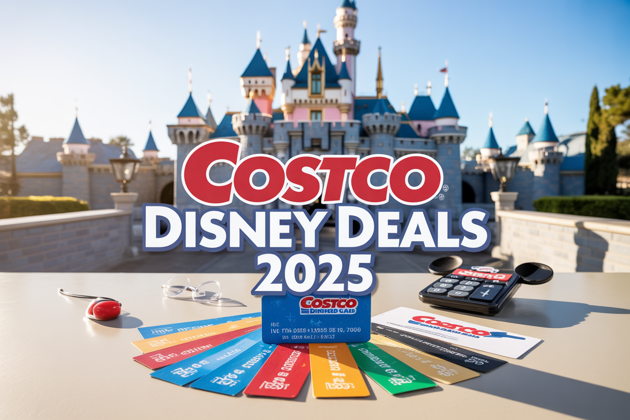 Create a realistic image of a bright, inviting composition featuring a Costco membership card and colorful Disneyland admission tickets arranged on a clean white surface, with Sleeping Beauty Castle from Disneyland visible in the soft-focused background under warm California sunlight, include scattered Disney-themed elements like Mickey Mouse ears and a calculator showing savings numbers, with bold text overlay reading "Costco Disney Deals 2025" in cheerful blue and red colors that complement both brands.