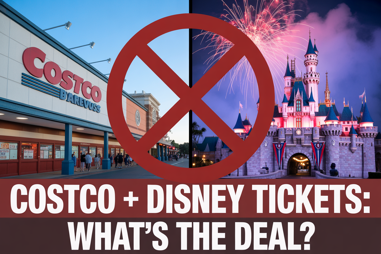 Create a realistic image of a split-screen composition showing a Costco warehouse store front on the left side with its distinctive red and white signage, and Disneyland's iconic Sleeping Beauty Castle on the right side with colorful fireworks in the background, connected by a large red "X" or prohibition symbol overlaid in the center, with the text "Costco + Disney Tickets: What's the Deal?" prominently displayed at the bottom in bold white letters against a dark banner, bright daylight lighting on the Costco side transitioning to magical evening lighting on the Disney side, conveying a informative yet slightly disappointed mood about the availability of discounted tickets.