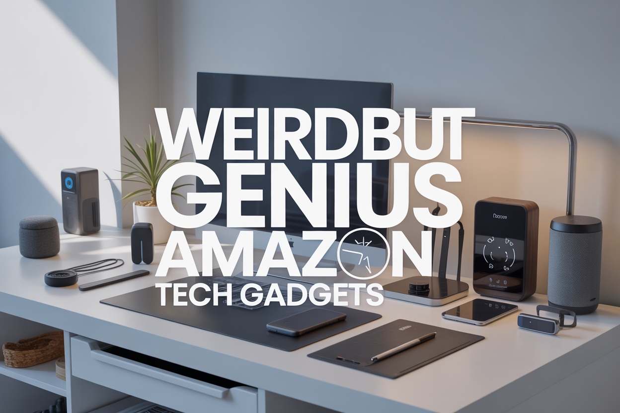 Create a realistic image of a sleek modern desk setup featuring an array of innovative tech gadgets including a smart home device, wireless earbuds, a fitness tracker, a compact kitchen gadget, and portable travel accessories, all arranged on a clean white surface with soft natural lighting from the left side, with the text "Weird But Genius Amazon Tech Gadgets" prominently displayed in bold modern typography overlaying the scene, creating a bright and contemporary mood that suggests innovation and practicality.