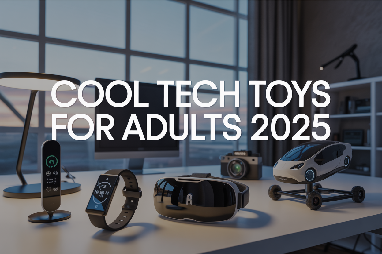 Create a realistic image of a modern minimalist workspace featuring an array of 2025 tech gadgets including a sleek smart home control panel, VR headset, advanced fitness smartwatch, professional camera equipment, and futuristic transportation device model, all artfully arranged on a clean white desk with soft natural lighting from a large window, creating a sophisticated and innovative atmosphere, with the text "Cool Tech Toys for Adults 2025" prominently displayed in modern sans-serif font overlay.