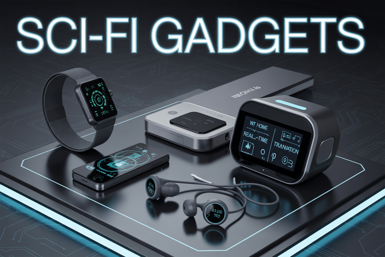 Create a realistic image of a sleek, modern composition showcasing futuristic gadgets including a smartwatch with holographic display on a wrist, a smart home control panel with glowing interface, wireless earbuds with real-time translation capabilities, and a compact medical scanner device, all arranged on a glossy black surface with subtle blue LED lighting and circuit board patterns in the background, featuring the text "Sci-Fi Gadgets" in bold, futuristic font with neon blue glow effect.
