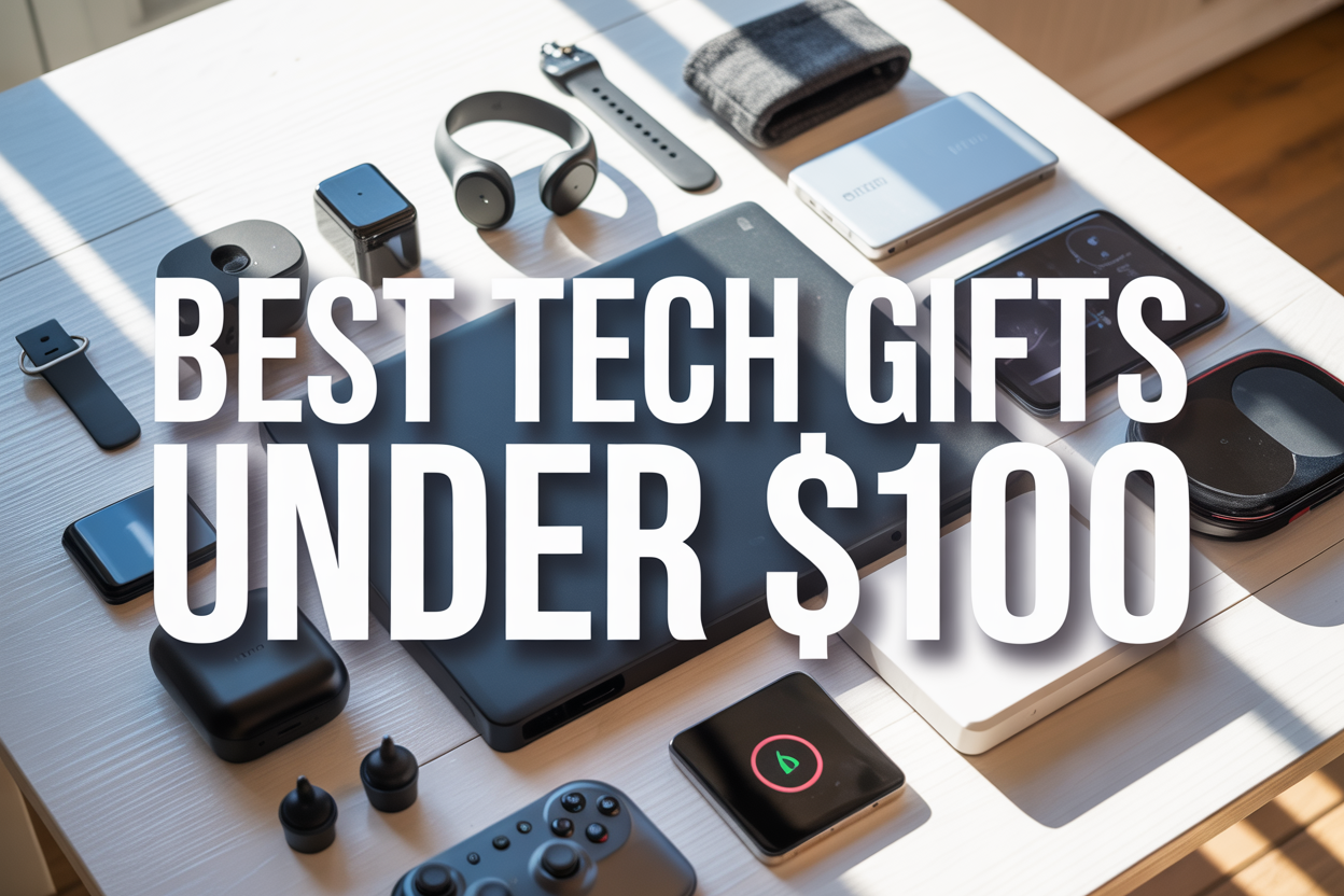 Create a realistic image of a clean, modern flat lay arrangement featuring various affordable tech gadgets including wireless earbuds, a smart watch, smartphone accessories, a portable charger, gaming controller, and small smart home device, all artfully arranged on a white wooden surface with soft natural lighting from above, with the text "BEST TECH GIFTS UNDER $100" displayed prominently in bold, modern typography overlaid on the image, creating a bright and appealing product showcase aesthetic perfect for a tech gift guide.