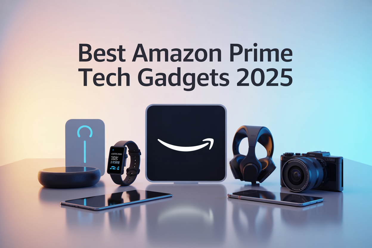 Create a realistic image of a modern tech showcase featuring Amazon Prime's 2025 gadgets arranged on a sleek white surface, including a smart home hub with glowing blue lights, a smartwatch displaying health metrics, a high-end gaming headset, a mirrorless camera with lens, and a smartphone, all positioned around the Amazon Prime logo, with soft professional lighting against a clean gradient background transitioning from white to light blue, and the text "Best Amazon Prime Tech Gadgets 2025" prominently displayed in modern sans-serif font at the top of the image.