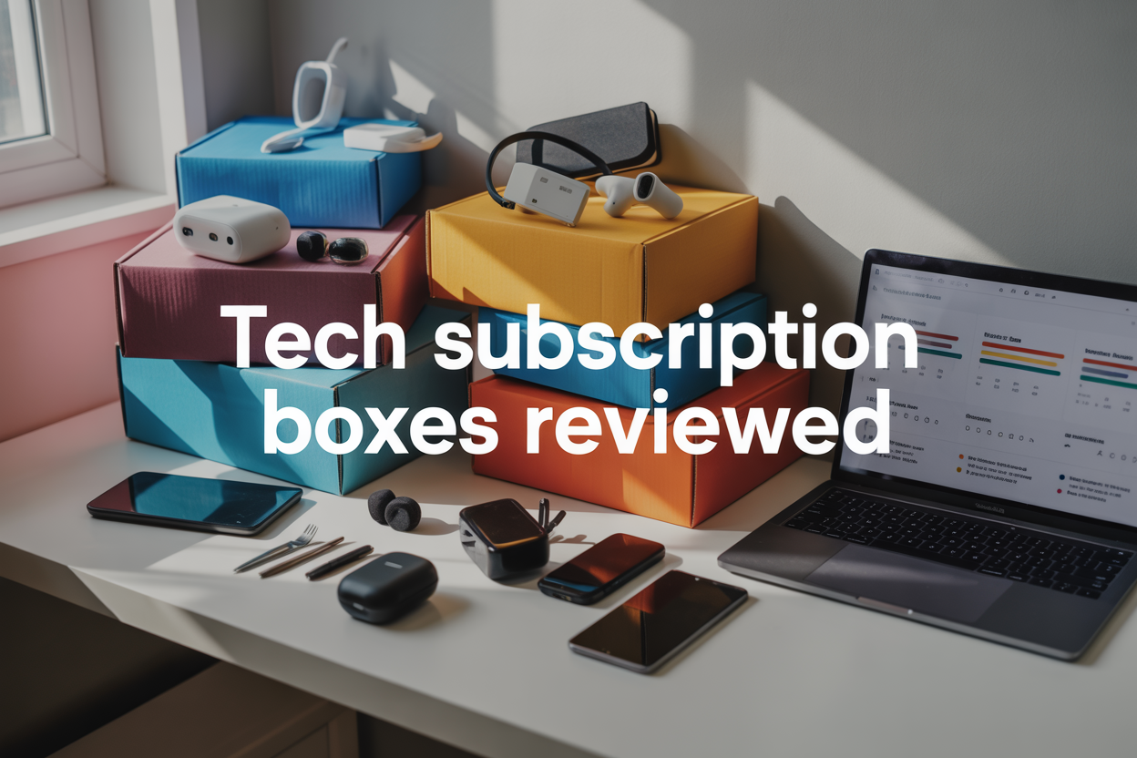 Create a realistic image of multiple colorful tech subscription boxes arranged on a clean white desk surface, with some boxes opened to reveal gadgets like wireless earbuds, smart devices, and tech accessories spilling out, alongside a laptop displaying comparison charts and star ratings, with soft natural lighting from a window creating gentle shadows, and the text "TECH SUBSCRIPTION BOXES REVIEWED" prominently displayed in modern sans-serif font overlaid on the image.