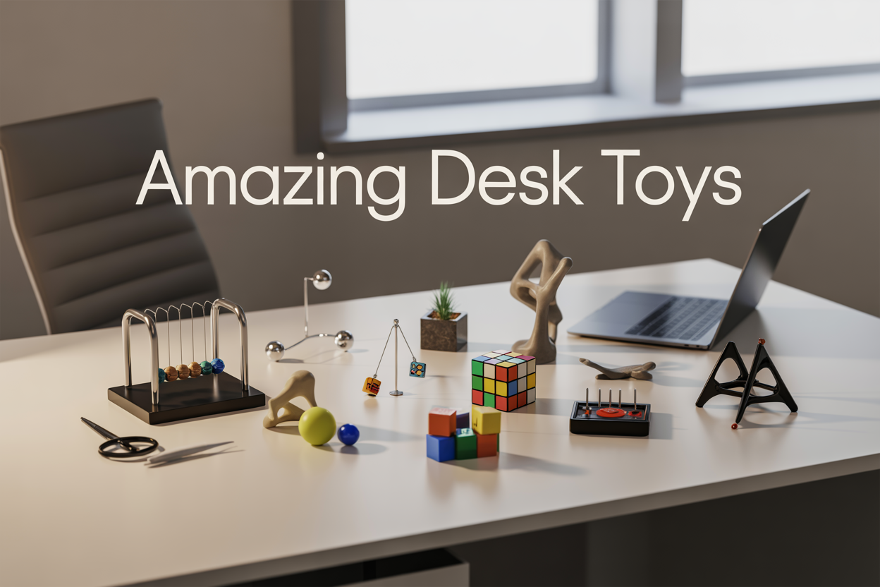 Create a realistic image of a modern office desk from a slightly elevated angle showcasing an organized collection of 10 diverse desk toys including a Newton's cradle, fidget spinner, mini Newton's pendulum, small Rubik's cube, desktop zen garden, magnetic sculpture, miniature retro arcade game, stress ball, mini building blocks set, and a gyroscope, all arranged aesthetically on a clean white desk surface with a laptop partially visible in the background, soft natural lighting from a window creating gentle shadows, and the text "Amazing Desk Toys" displayed in modern sans-serif font in the upper portion of the image.