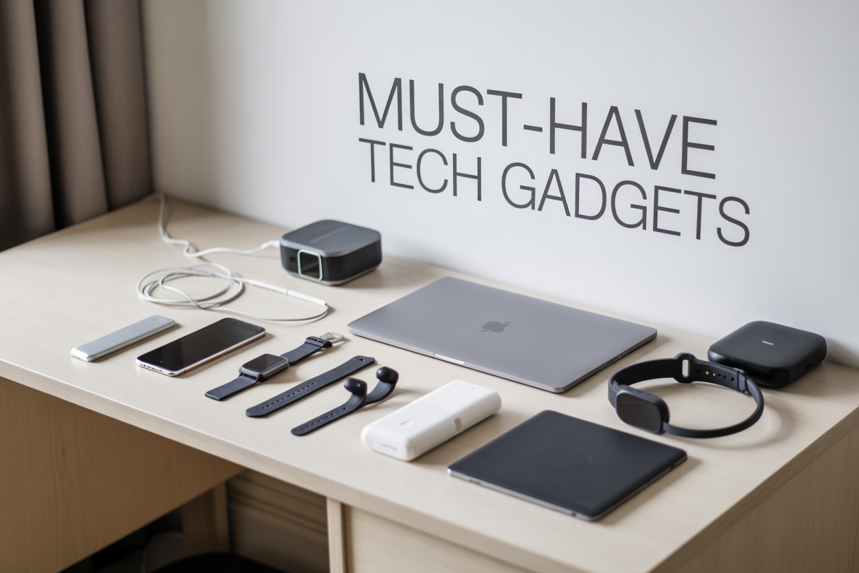 Create a realistic image of a modern flat lay composition featuring essential tech gadgets arranged on a clean white wooden desk surface, including a smartphone, smartwatch, wireless earbuds, tablet, laptop, smart home hub device, fitness tracker, and portable charger, all positioned in an organized and visually appealing manner with soft natural lighting from above, with the text "Must-Have Tech Gadgets" displayed in modern sans-serif font in the upper portion of the image, creating a contemporary and tech-savvy atmosphere that represents everyday digital lifestyle essentials.