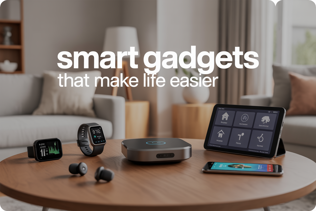 Create a realistic image of a modern living room showcasing multiple smart gadgets including a smart home hub on a coffee table, a smartwatch displaying fitness data, a tablet showing home automation controls, wireless earbuds, and a smartphone with navigation app open, all arranged aesthetically on a clean wooden surface with soft natural lighting from a window, featuring the text "Smart Gadgets That Make Life Easier" overlaid in modern sans-serif font, with a minimalist background of a contemporary home interior in neutral tones.