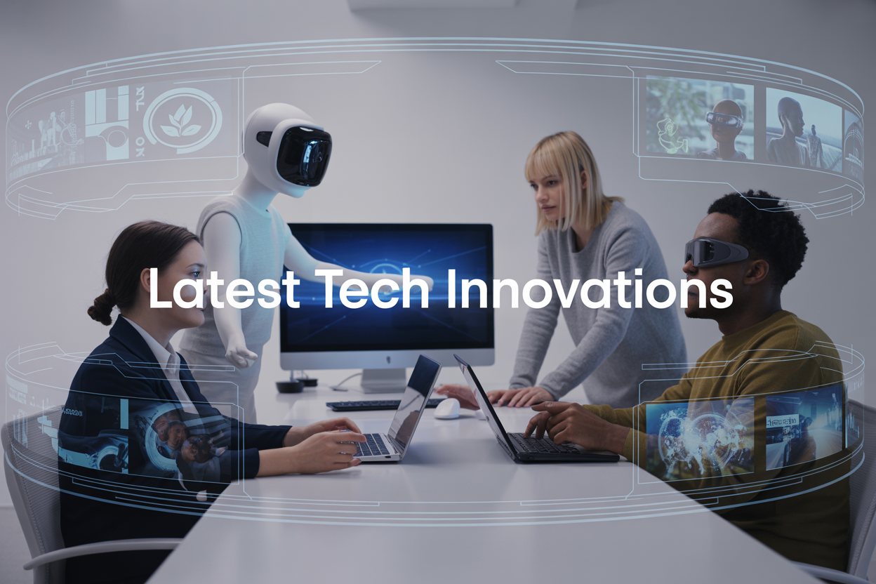 Create a realistic image of a sleek modern workspace featuring a holographic AI assistant floating above a high-tech desk, with a diverse group including a white female and black male tech professionals collaborating around advanced computing devices, surrounded by floating digital interface elements displaying sustainable energy icons, immersive VR headsets, and global communication networks, set against a clean minimalist background with soft blue ambient lighting and subtle tech circuit patterns, with the text "LATEST TECH INNOVATIONS" prominently displayed in modern sans-serif font overlaying the scene.