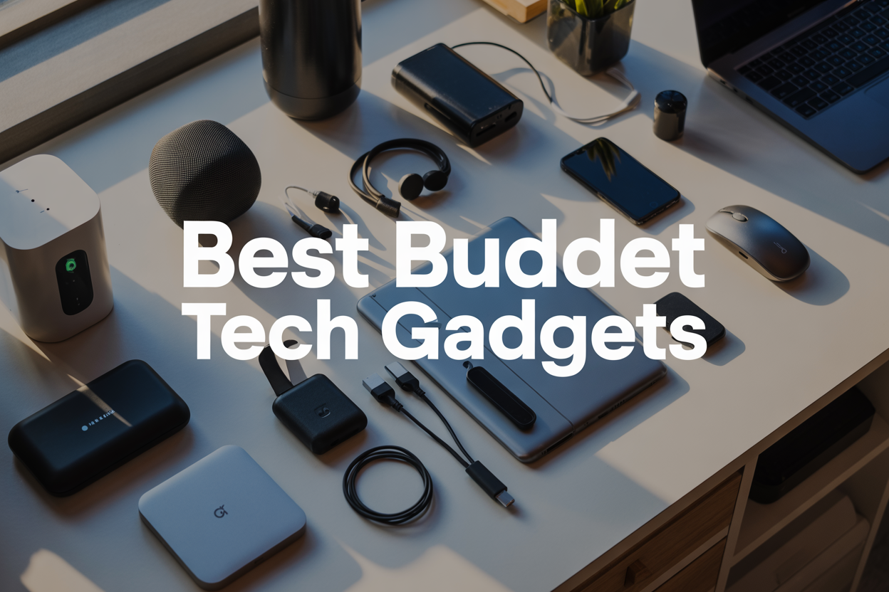 Create a realistic image of a modern flat lay composition featuring an assortment of budget-friendly tech gadgets including wireless earbuds, smartphone accessories, a portable power bank, smart home devices like a mini smart speaker, computer mouse, phone stand, and charging cables, all neatly arranged on a clean white desk surface with soft natural lighting from above, creating subtle shadows, with the text "Best Budget Tech Gadgets" displayed prominently in modern sans-serif font overlay, conveying an organized and tech-savvy atmosphere perfect for a product showcase.